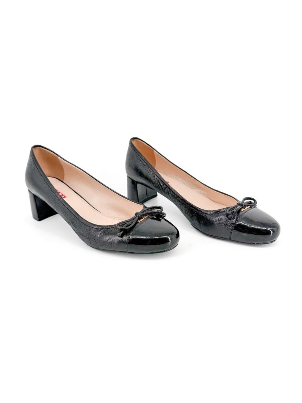 Prada Cap Toe Logo Ballet Pumps Heels Black Leather Size 38.5 US 8.5 Bow